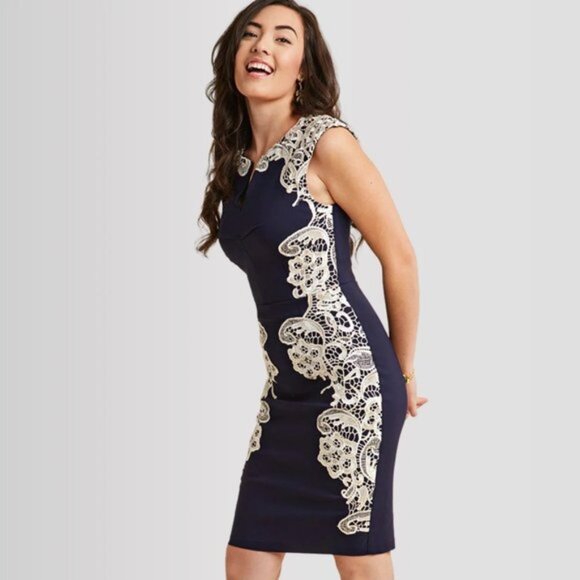 Modcloth | Navy Blue "Lakeside Libations" Bodycon dress with cream lace | Size 4 - Picture 2 of 6
